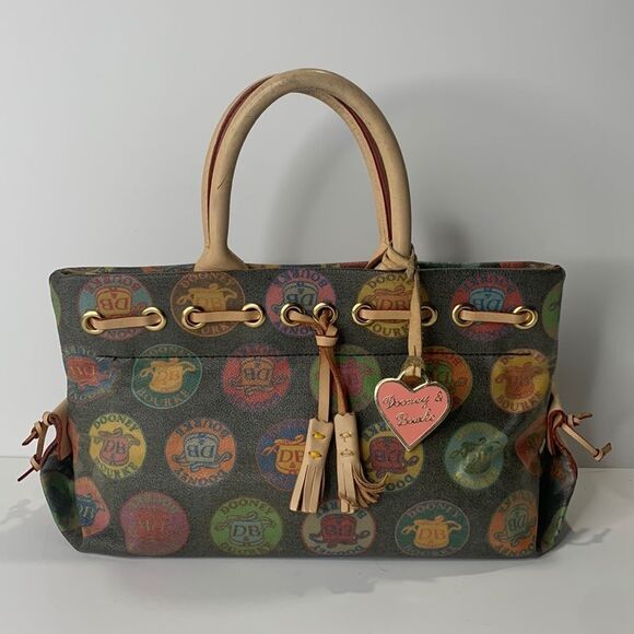 Dooney & Bourke brown coated canvas medallion leather trim satchel bag - Picture 1 of 10